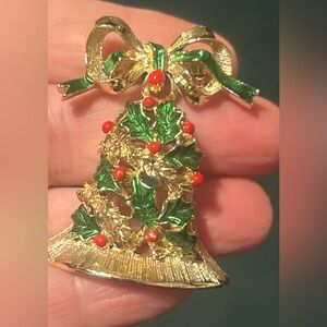 Festive Bell Brooch with Bow. Bell moves.